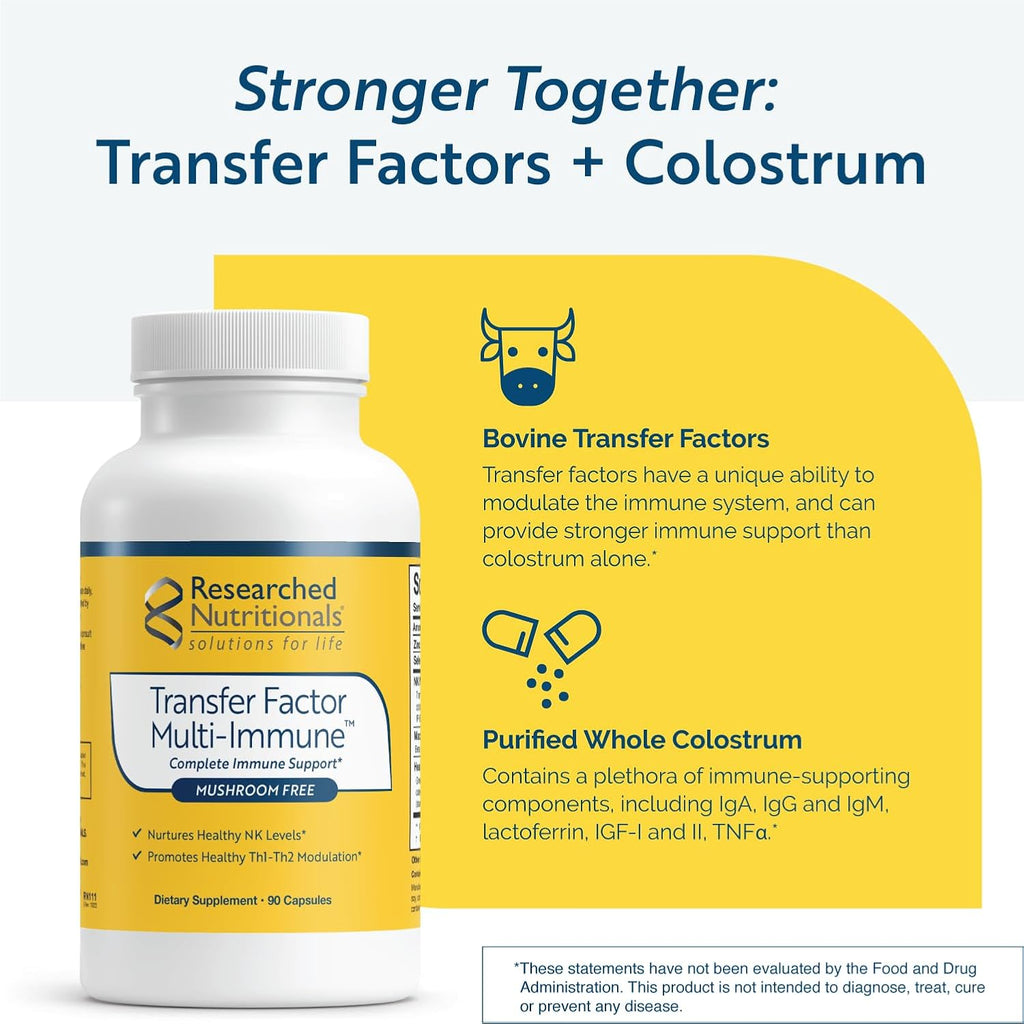 Researched Nutritionals Transfer Factor Multi-Immune Suplemento de calostro - Sin hongos - Apoyo inmunológico con zinc, beta-glucano y té verde - 90 cápsulas
