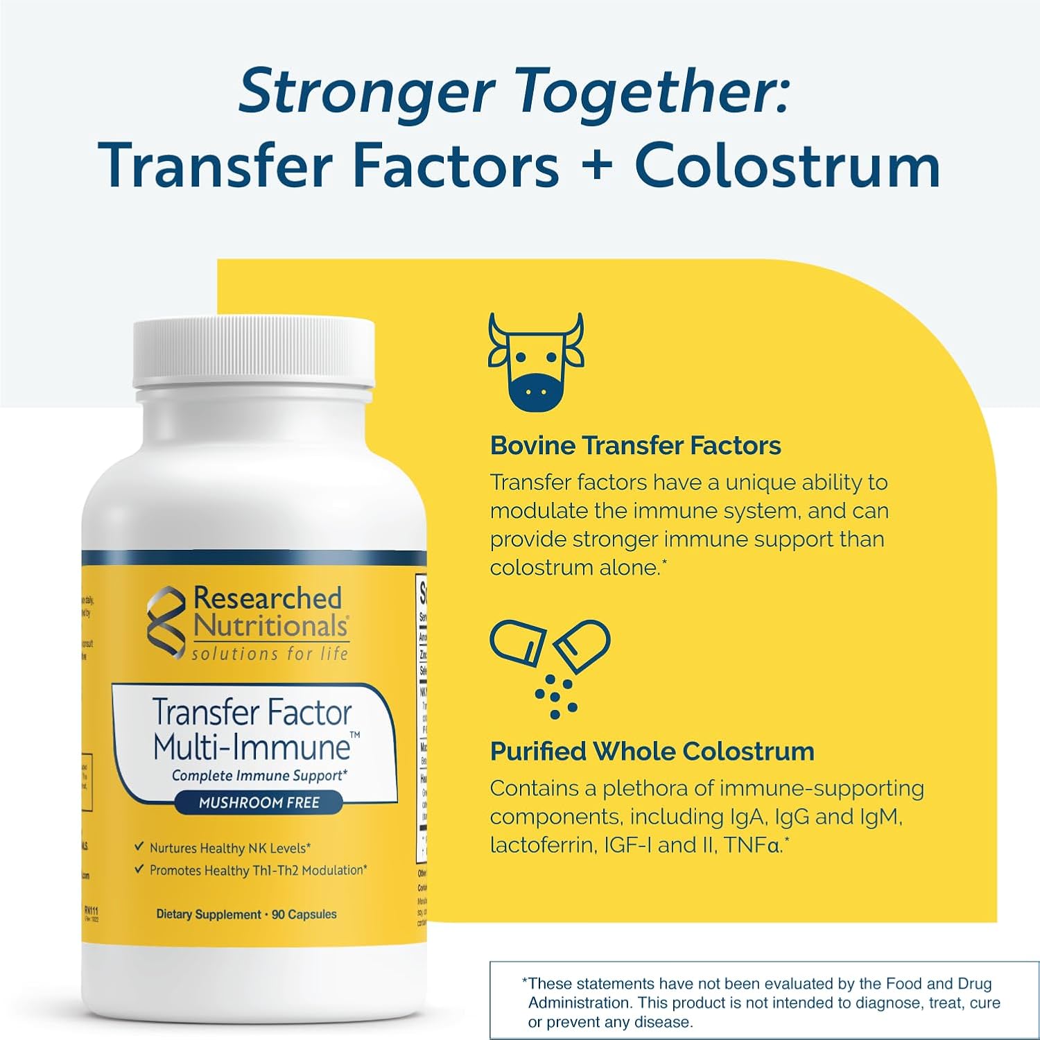 Researched Nutritionals Transfer Factor Multi-Immune Suplemento de calostro - Sin hongos - Apoyo inmunológico con zinc, beta-glucano y té verde - 90 cápsulas