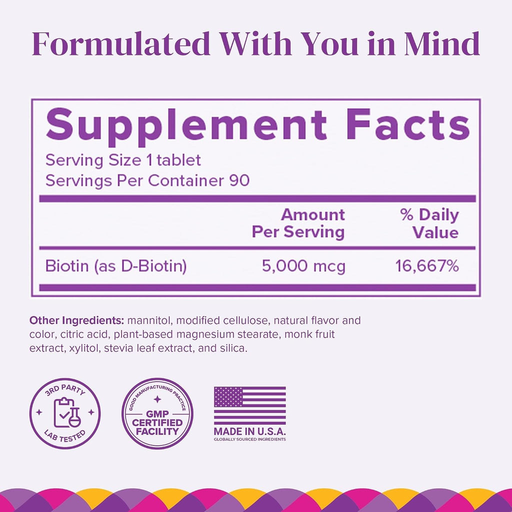 BariMelts Biotin 5000mcg - 90 Comprimidos de Disolución Rápida, Sabor Fresa Natural