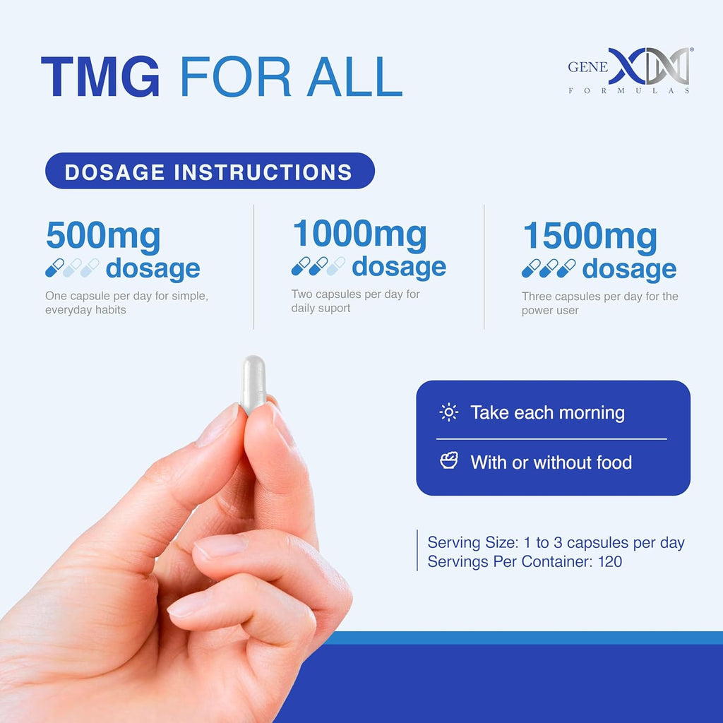 Genex Formulas TMG Supplement 1000mg (360 Cápsulas) - Certificado NSF - Trimetilglicina (Betaina Anhidra) - Sin Gluten y No Transgénico