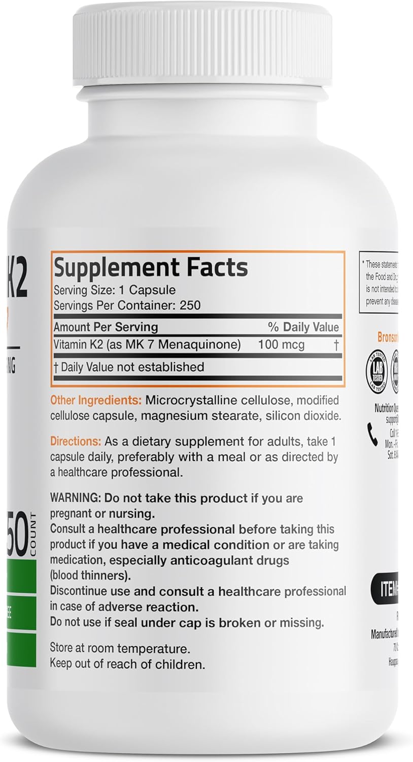 Bronson Vitamina K2 como MK-7 Menaquinona 100 mcg, 250 Cápsulas