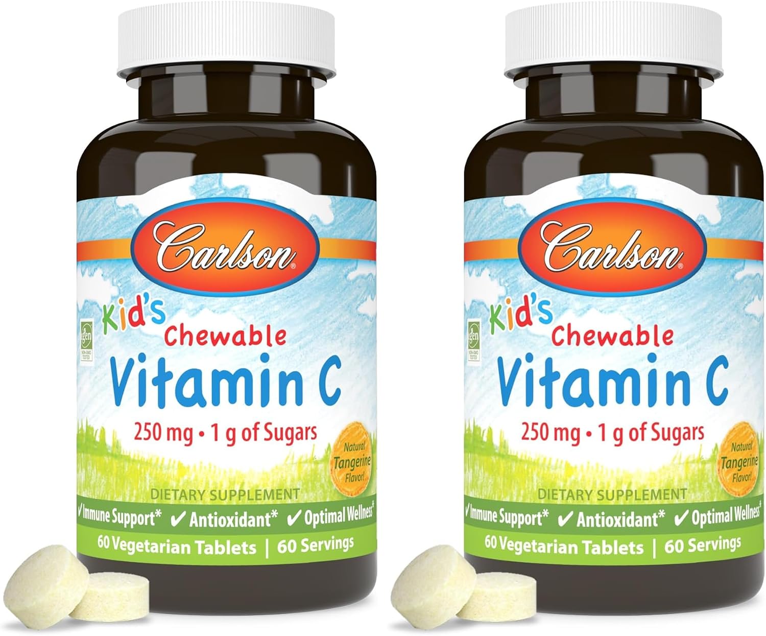 Carlson - Vitamina C Masticable para Niños, 250 mg, Sabor Mandarina, 60 tabletas vegetarianas