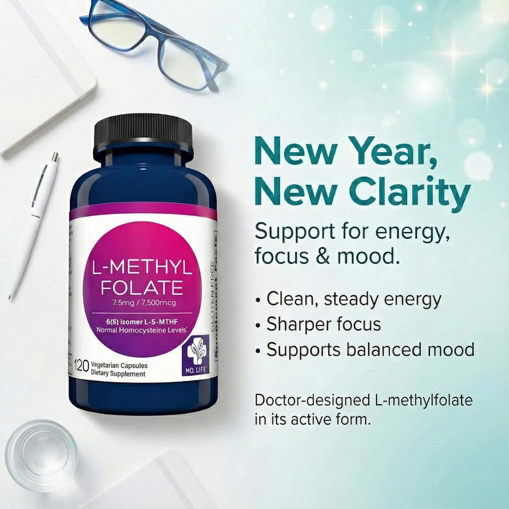 MD Life L-Metilfolato 7.5 mg - 120 Cápsulas - Forma Activa de Folato con Aminoácidos Esenciales