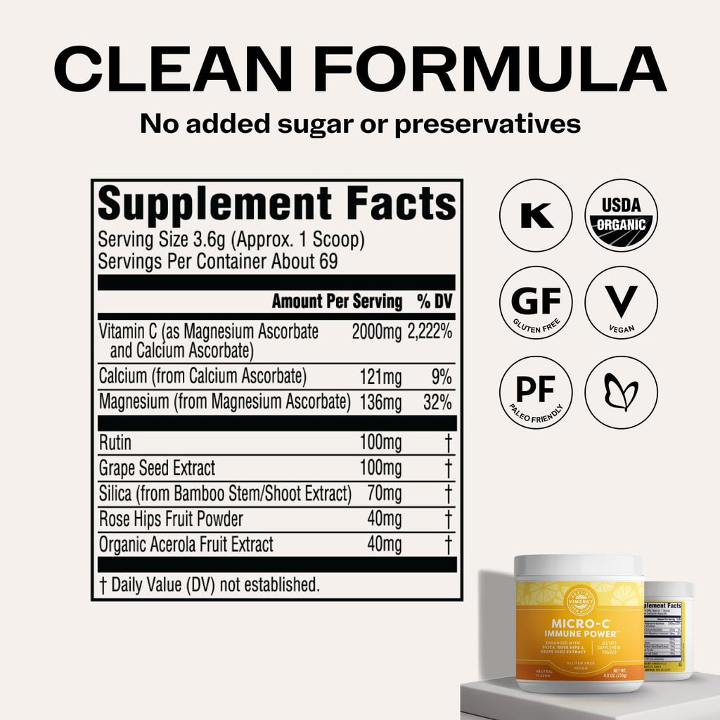 Vimergy Micro-C Immune Power - 250g - 69 Servicios - Polvo de Vitamina C con Silicio de Bambú y Bioflavonoides - Sin Gluten - Vegano - Kosher