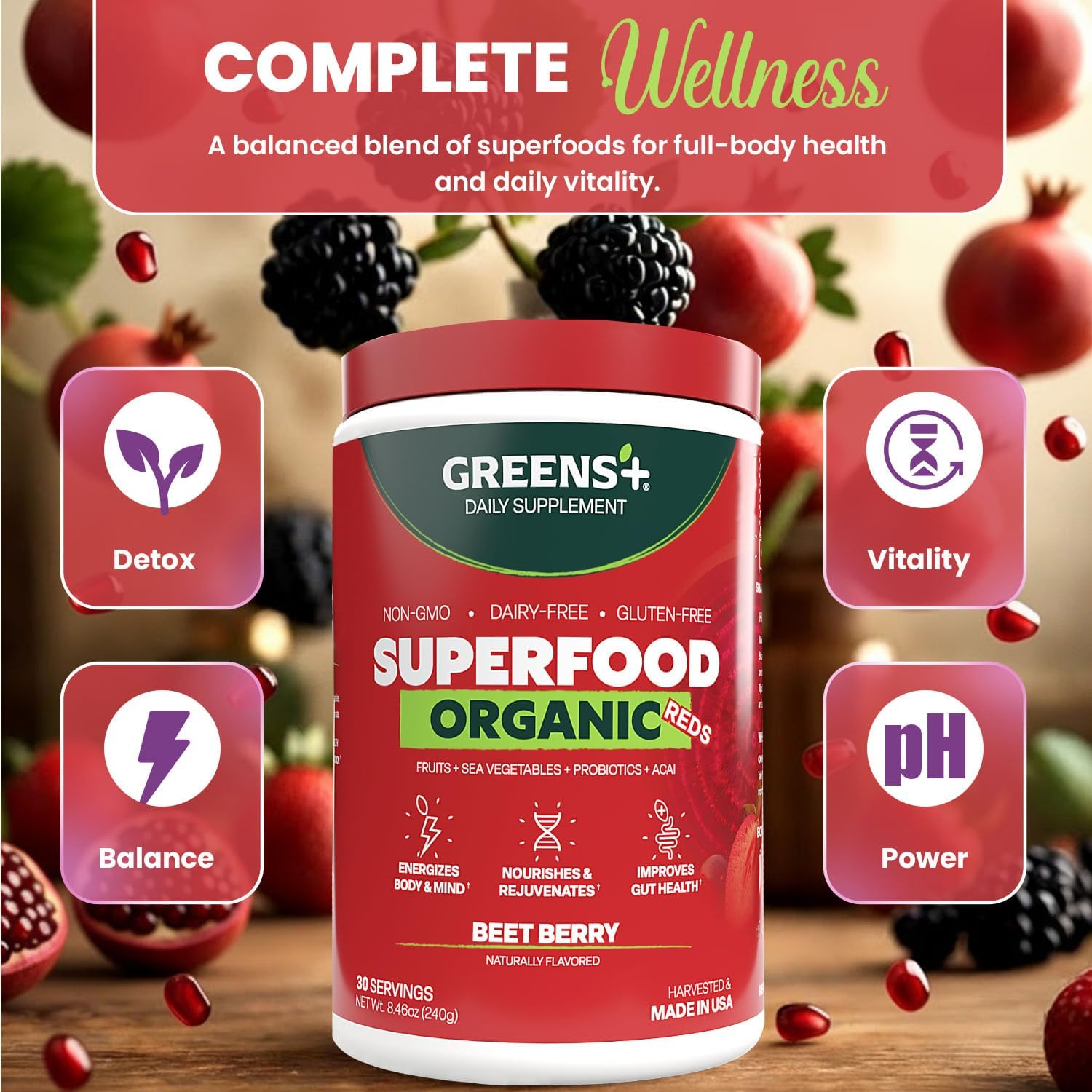 Greens+ Organic Reds Superfood Powder - Mezcla de Superalimentos Rojos Ecológicos, Antioxidantes, Vegano, Sin Gluten (240g)