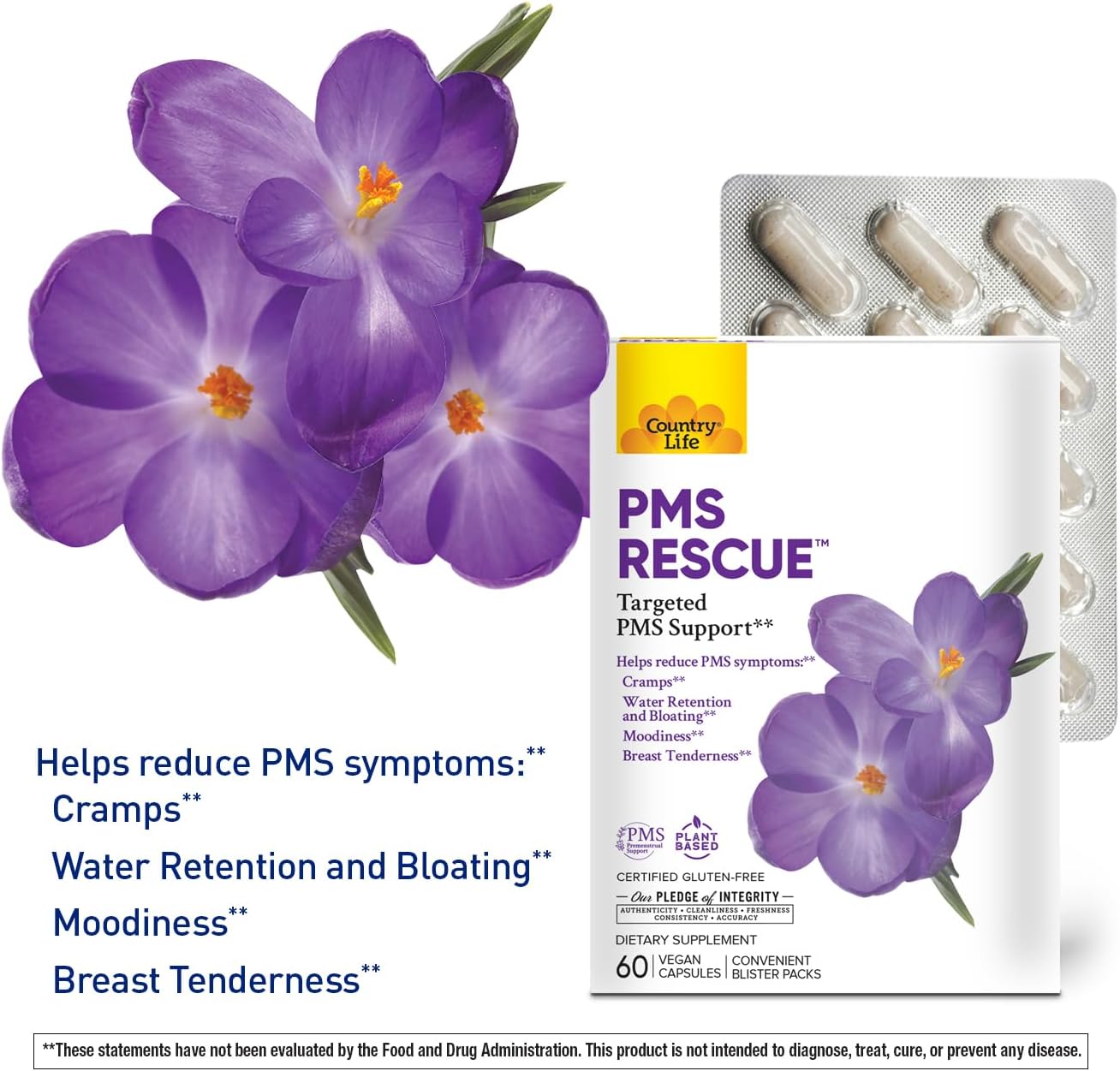 Country Life PMS Rescue - Complemento para el ciclo menstrual, 60 cápsulas veganas