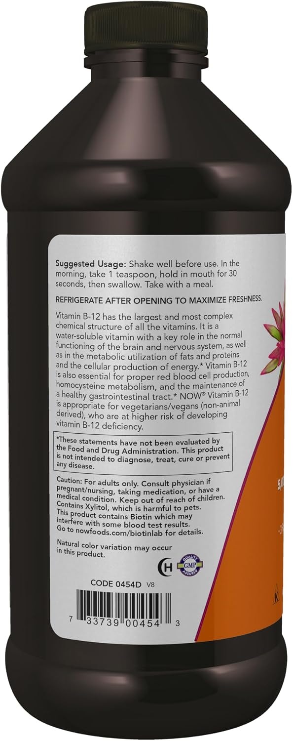 NOW Foods Ultra B-12 Líquido, 5000 mcg de Vitamina B12 con Ácido Fólico, 473 ml