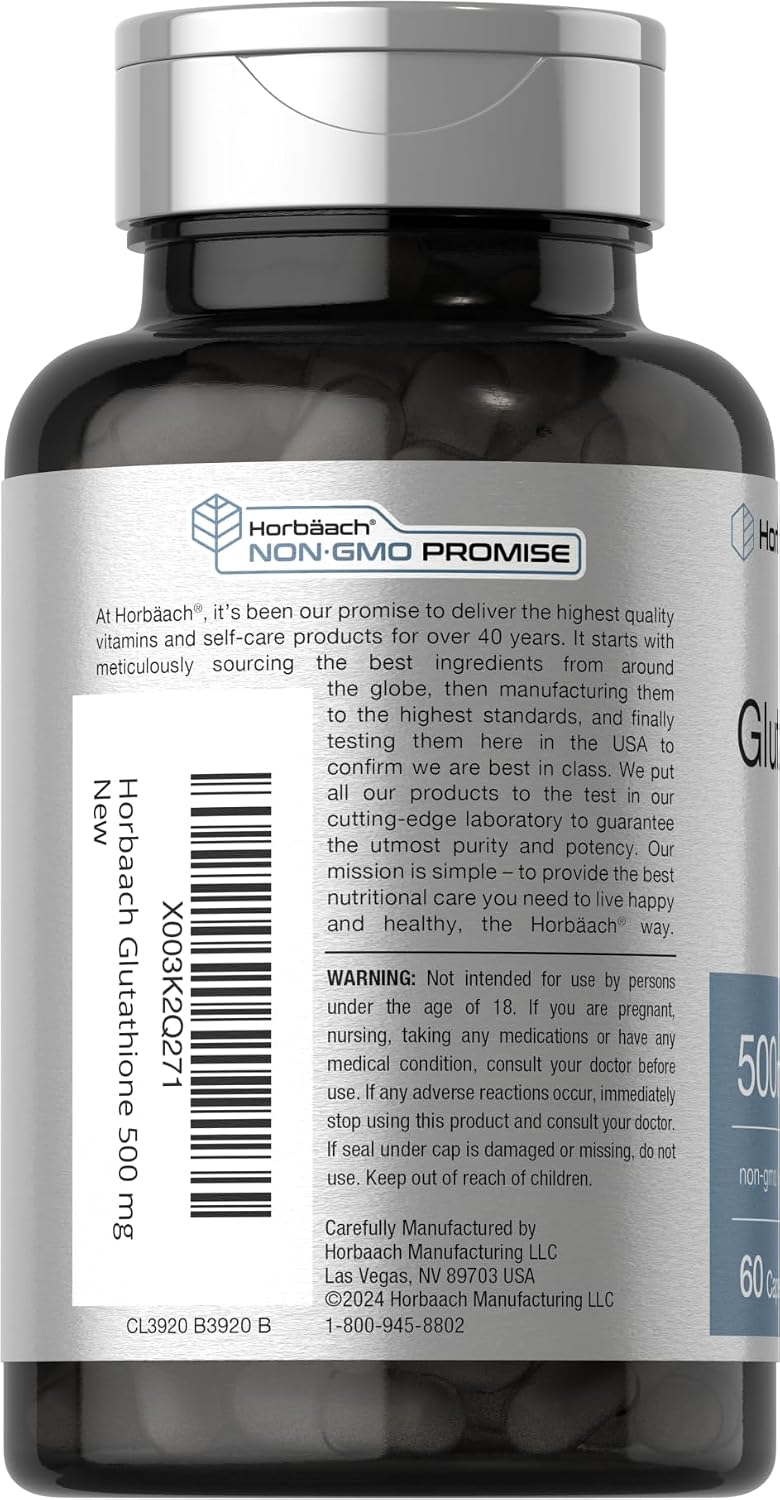 Horbäach L-Glutatión 500mg | 60 Cápsulas | Forma Reducida | Sin Gluten y No Transgénico