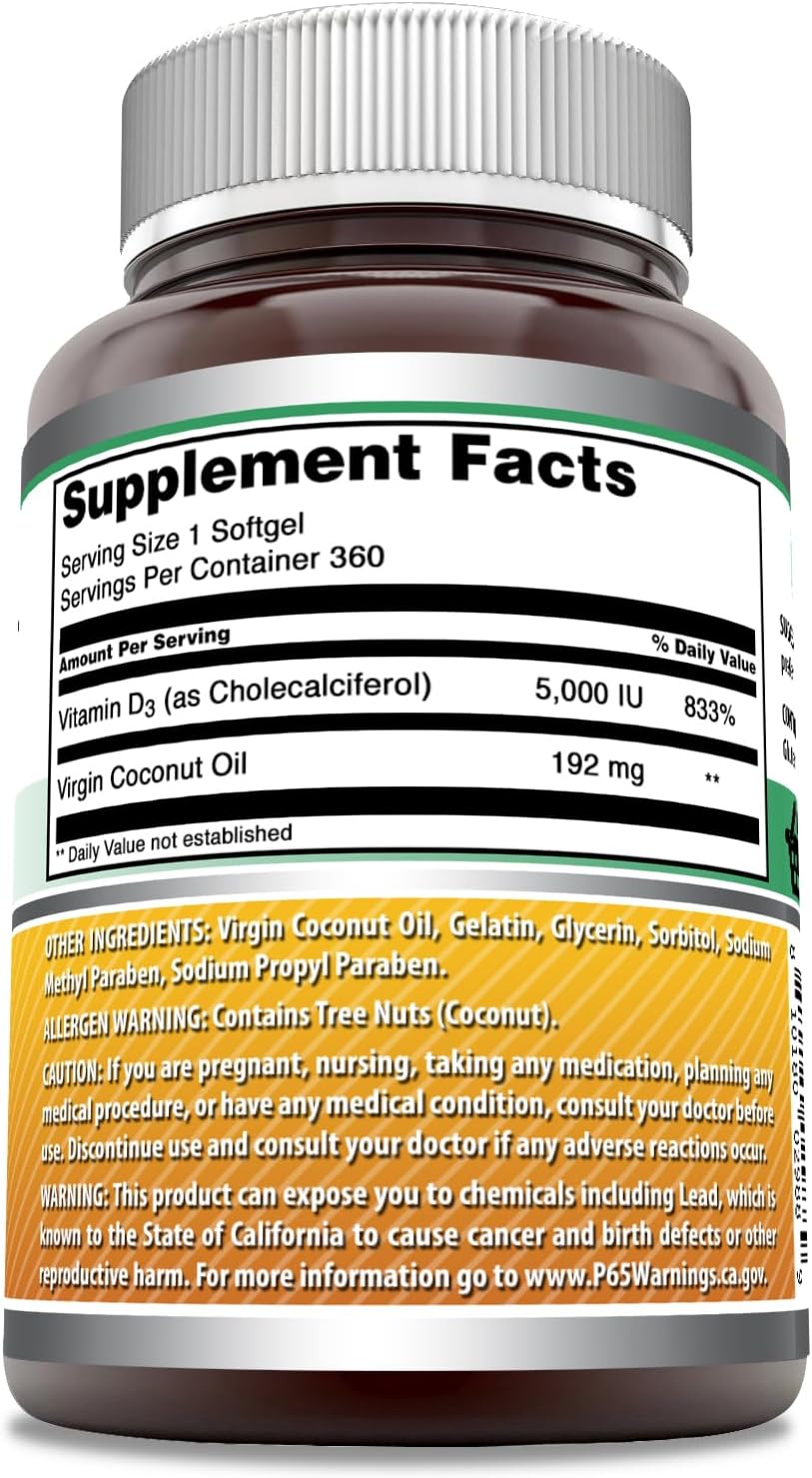 Vitamina D3 5000 IU en Aceite de Coco – 360 Cápsulas Blandas – Amazing Nutrition