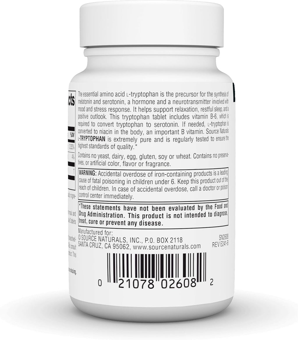 Source Naturals L-Tryptophan con Vitamina B-6 - Apoyo al Estado de Ánimo, Relajación y Sueño* 1000 mg - 30 Comprimidos