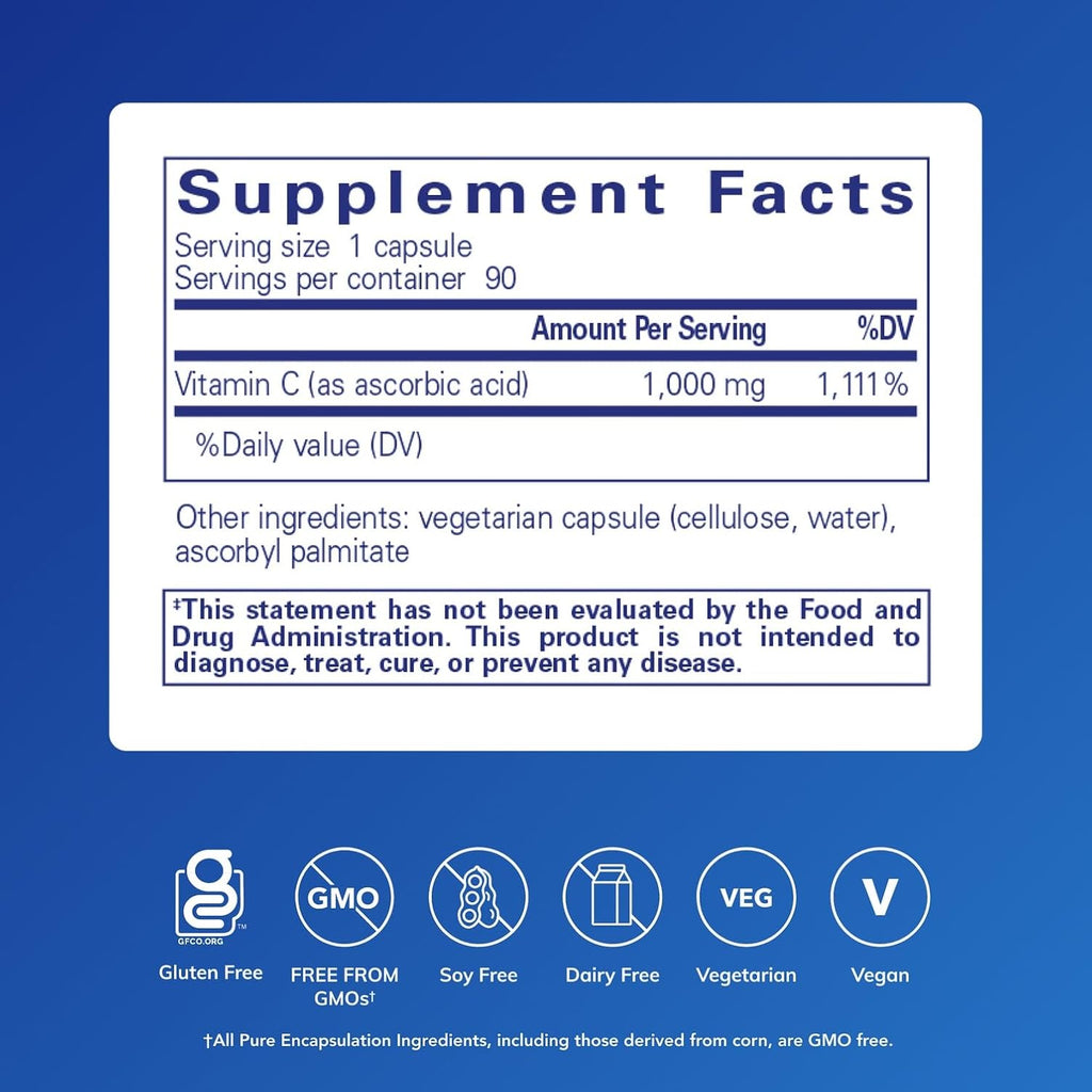 Pure Encapsulations Cápsulas de Ácido Ascórbico - 1000 mg de Vitamina C - Antioxidante y Apoyo Inmunitario - Alta Potencia - Vegano y No-GMO - 90 Cápsulas
