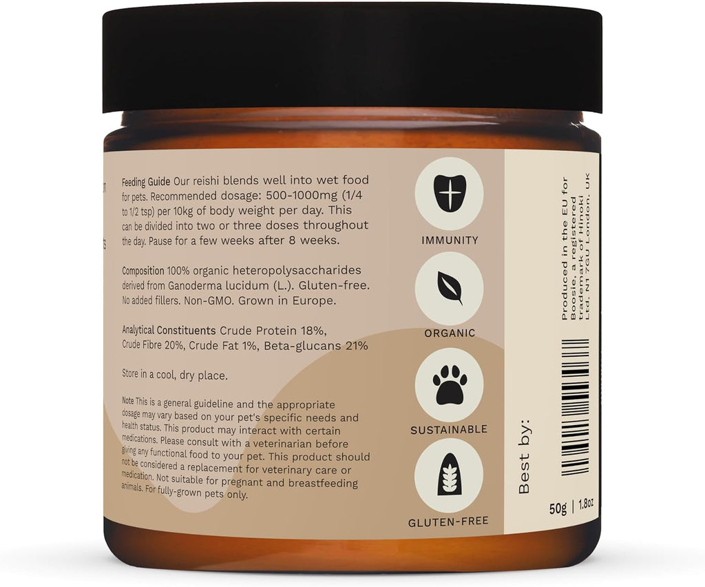 Boosie Polvo Adaptógeno Orgánico para Perros y Gatos - Apoya el Sistema Inmunológico, Hígado y Vitalidad - Hongo Reishi - 100% Natural Sin Aditivos ni Conservantes - Nutrición para Mascotas
