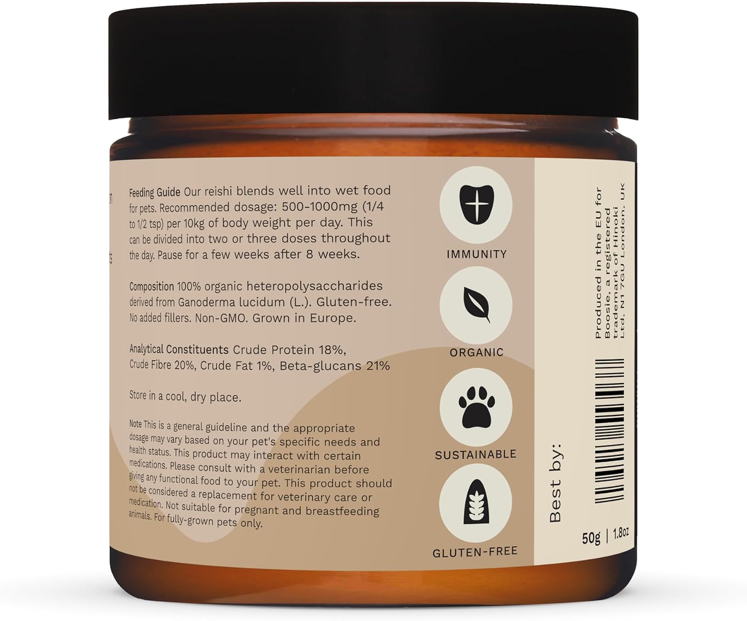 Boosie Polvo Adaptógeno Orgánico para Perros y Gatos - Apoya el Sistema Inmunológico, Hígado y Vitalidad - Hongo Reishi - 100% Natural Sin Aditivos ni Conservantes - Nutrición para Mascotas