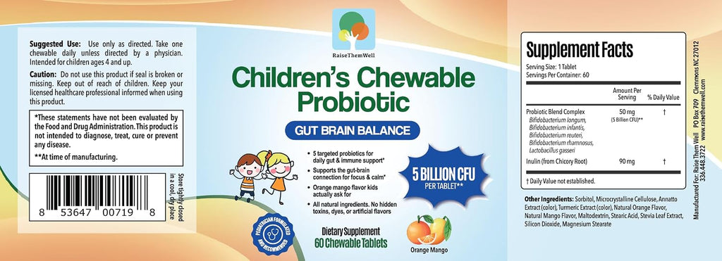 Raise Them Well Probiótico Infantil Masticable - Sabor Naranja Mango - 60 Comprimidos