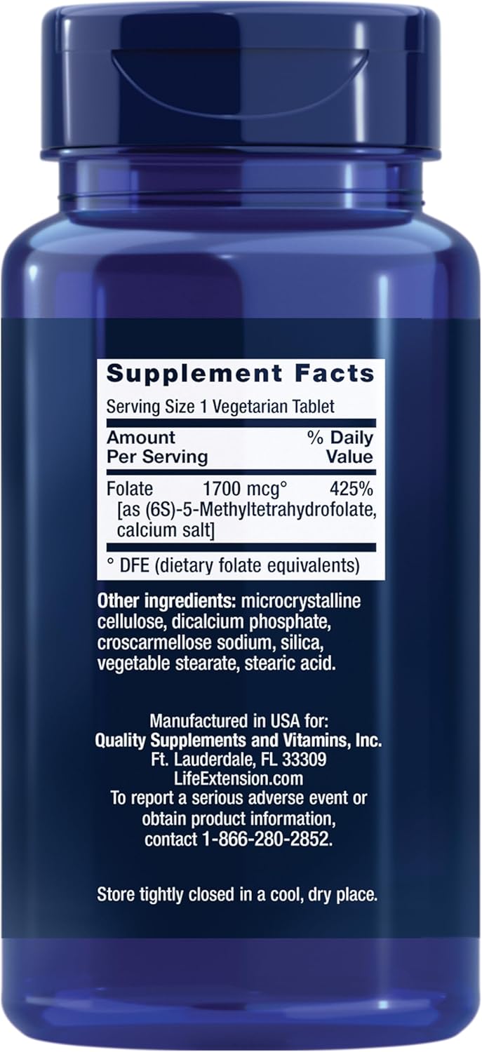Life Extension Folato Optimizado - L-metilfolato - 1700 mcg DFE, 100 Comprimidos Vegetarianos