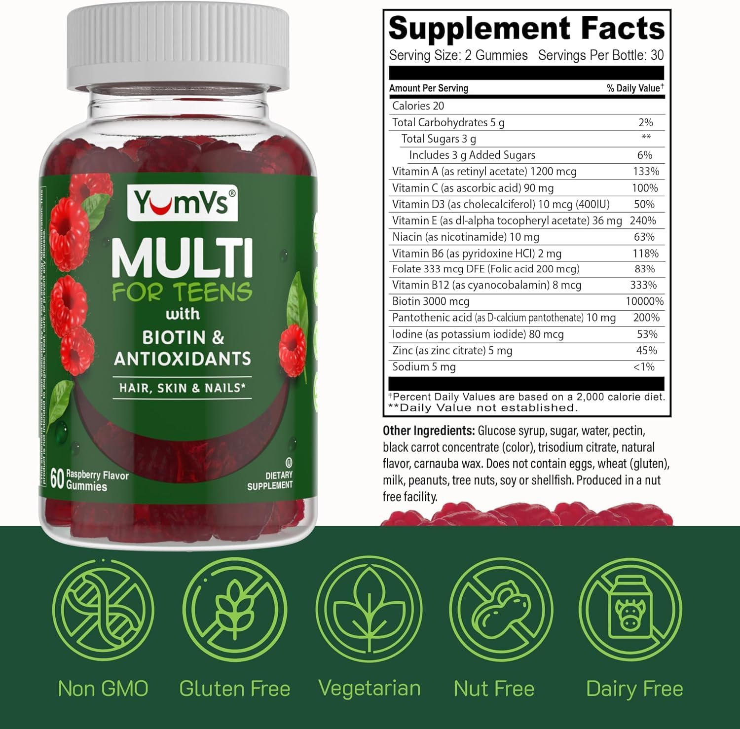 YumVs Gomitas Multivitamínicas para Adolescentes con Biotina y Antioxidantes - Sabor Frambuesa - Apoyo para Cabello, Piel y Uñas - Vitaminas Kosher para Chicos y Chicas de 12 a 17 años (60 unidades, Paquete de 2)