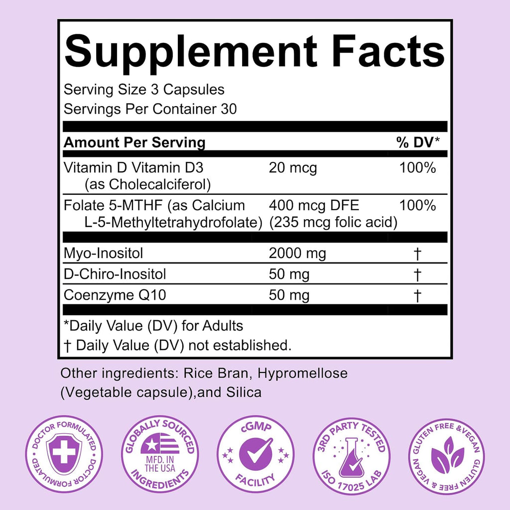 Premom Inositol Plus para Mujeres – 2000 mg Myo-Inositol y 50 mg D-Chiro Inositol (Proporción 40:1), con CoQ10, Metilfolato y Vitamina D3 – 90 Cápsulas Veganas