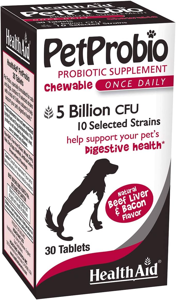 HealthAid PetProbio 5 Billion CFU Probiótico para Perros y Gatos - 10 Cepas - Sabor Natural a Carne e Hígado - No GMO, Sin Gluten