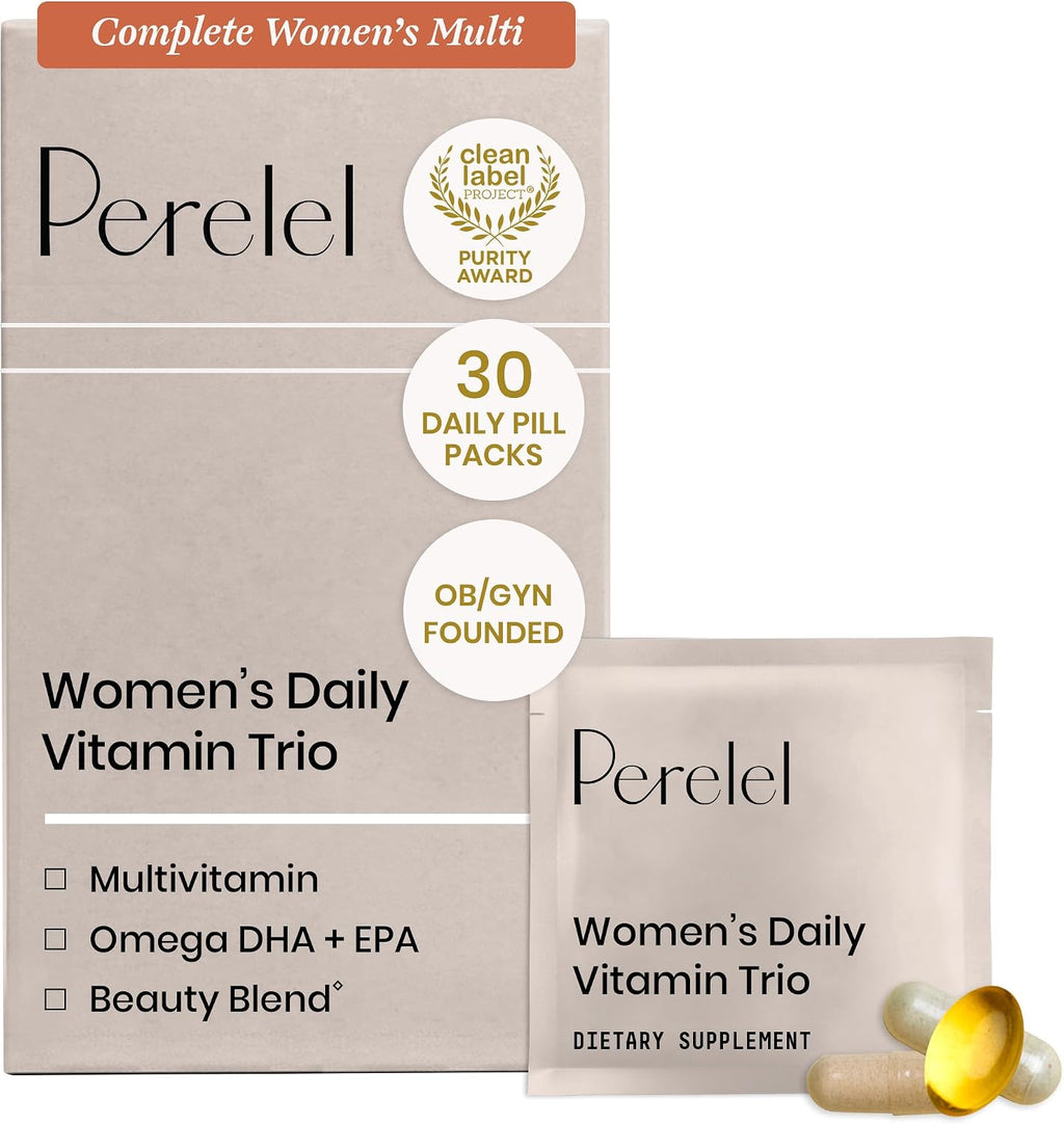 Perelel Trío Diario para Mujeres - Multivitamínico, Omega-3 y Blend de Belleza