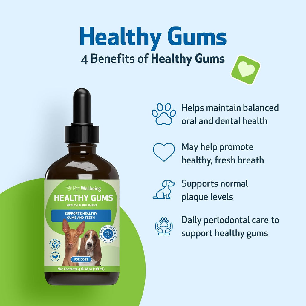 Pet Wellbeing Healthy Gums para Perros - Gotas Tópicas para Cuidado Bucal, Salud Dental y Aliento Fresco - Certificado NASC y Formulado por Veterinarios - Líquido de 118 ml