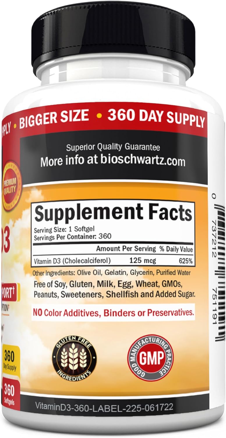 BioSchwartz Vitamina D3 5000 IU - 360 Cápsulas Blandas con Aceite de Oliva