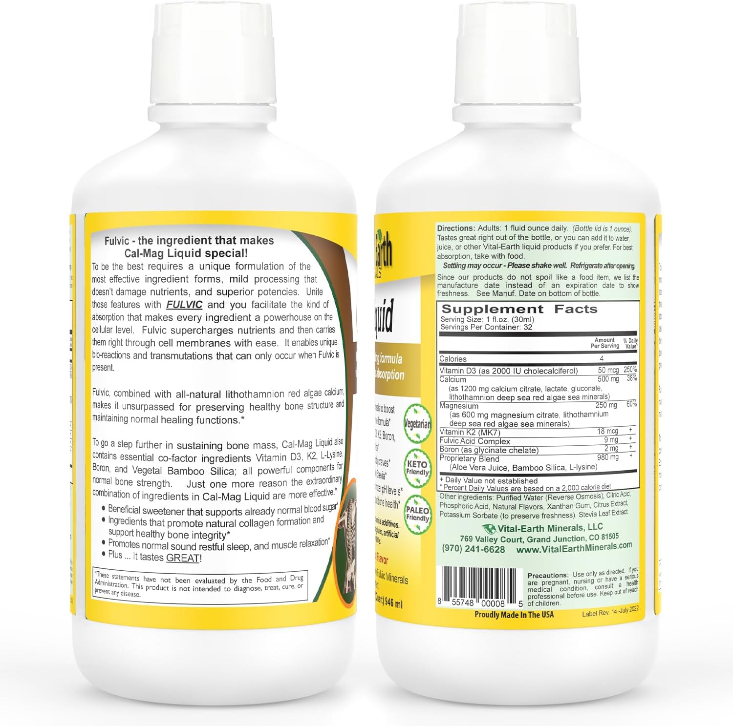 Vital Earth Minerals Bone & Wellness Support – Cal Mag Líquido + Super Multi, Multivitamínico Líquido, 2x946 ml