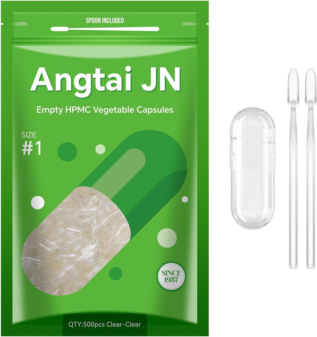 Angtai JN Cápsulas Vegetales Vacías Tamaño 1 (100 uds) - Kit de Llenado con 2 Cucharas