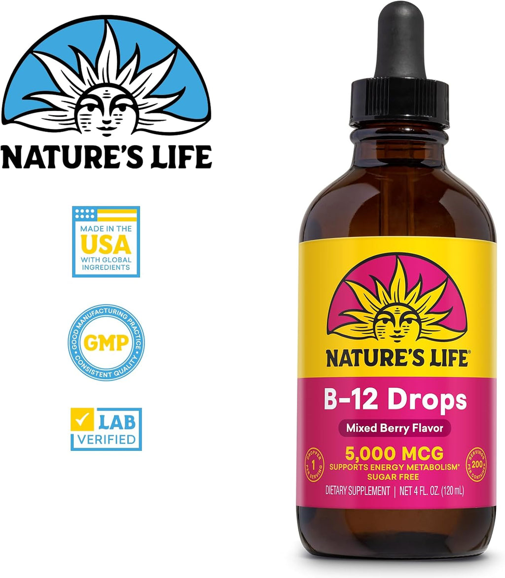 Nature's Life Liquid Vitamin B12 5000 mcg - Methylcobalamin - B12 Supplement for Energy Metabolism & Nerve Function - Berry Flavor, Sugar-Free (200 Servings, 4 fl oz)