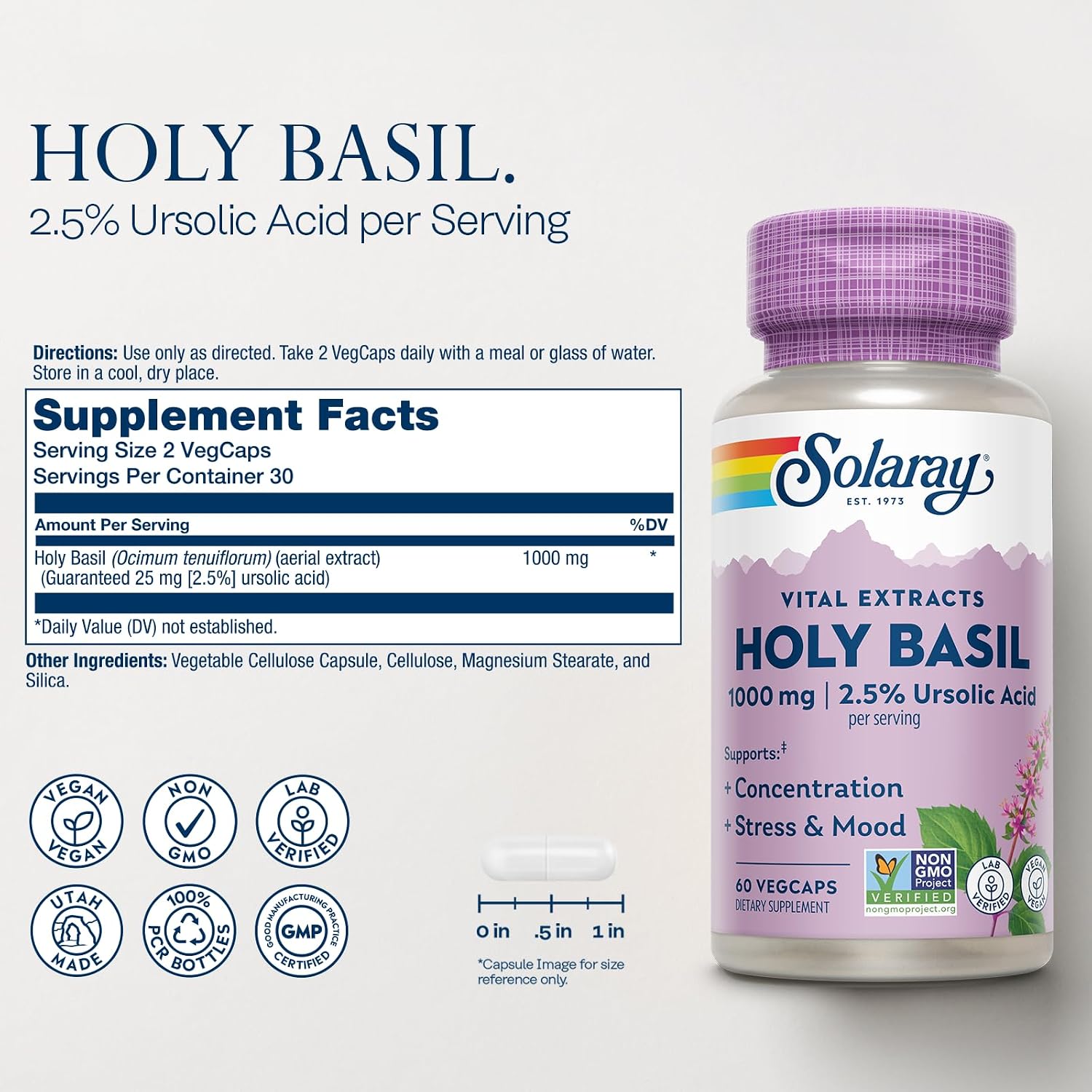 Solaray Albahaca Santa 1000 mg - Tulsi Adaptogeno con Ácido Ursólico - Suplemento Vegano