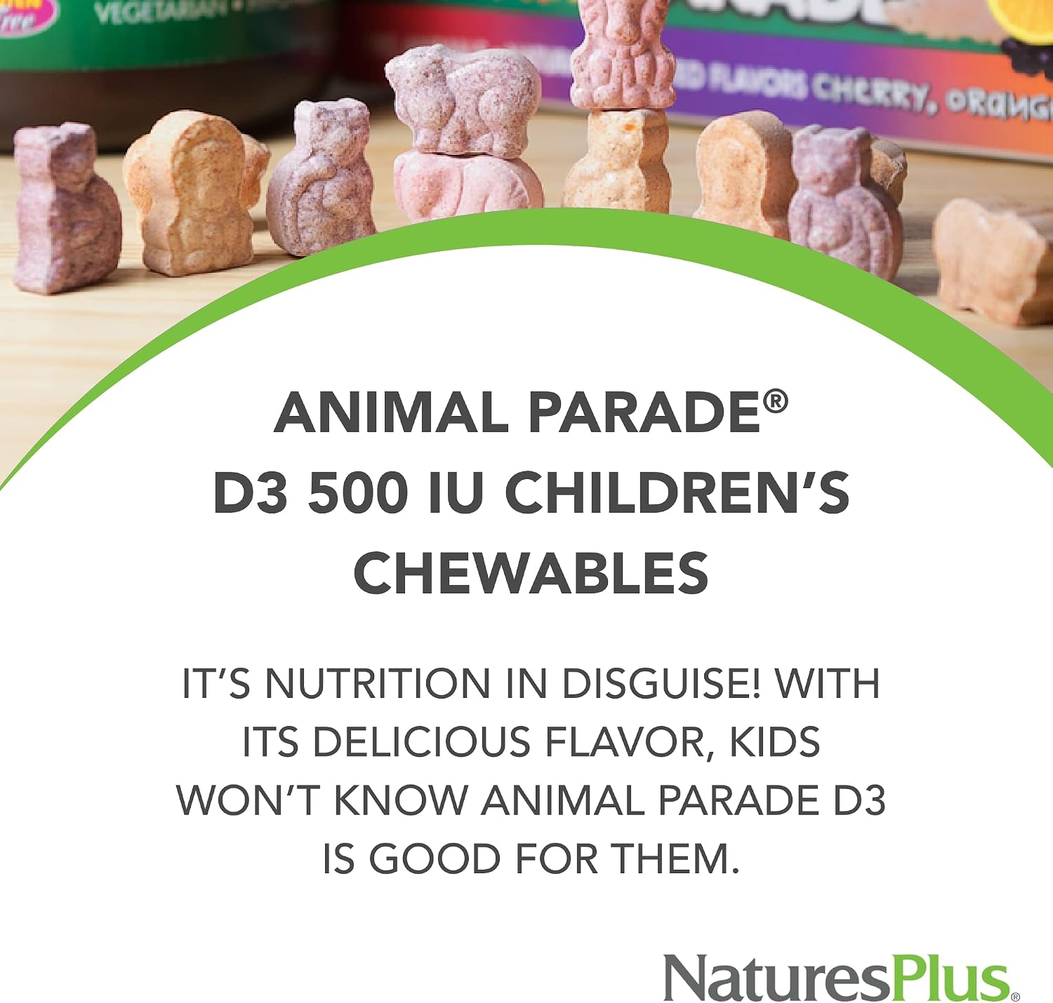 NaturesPlus Animal Parade Vitamina D3 Masticable para Niños - Sabor Cereza Negra - 90 Comprimidos con Forma de Animal