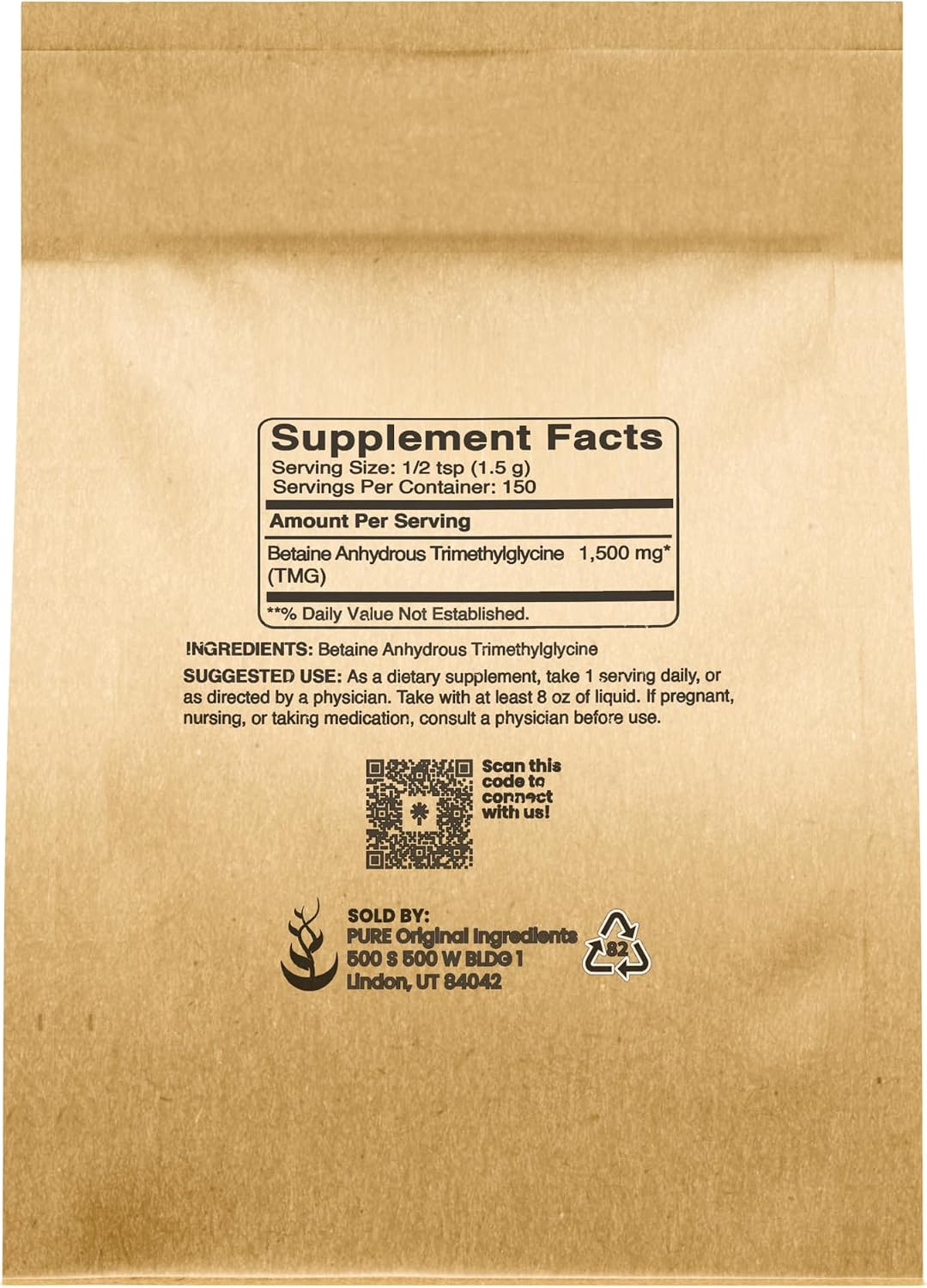 PURE ORIGINAL INGREDIENTS Trimetilglicina (TMG) en Polvo 227g - Vegano y Sin Gluten