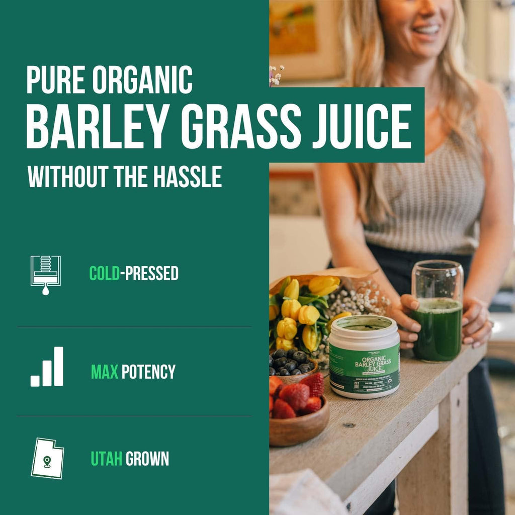 Organic Barley Grass Juice Powder - Cultivado en Suelo Volcánico de Utah - Forma Cruda y Bioactiva, Prensado en Frío y Secado con CO₂ – Sin Gluten, Sin OGM, Vegano - Complementa el Polvo de Jugo de Wheatgrass - 150 g