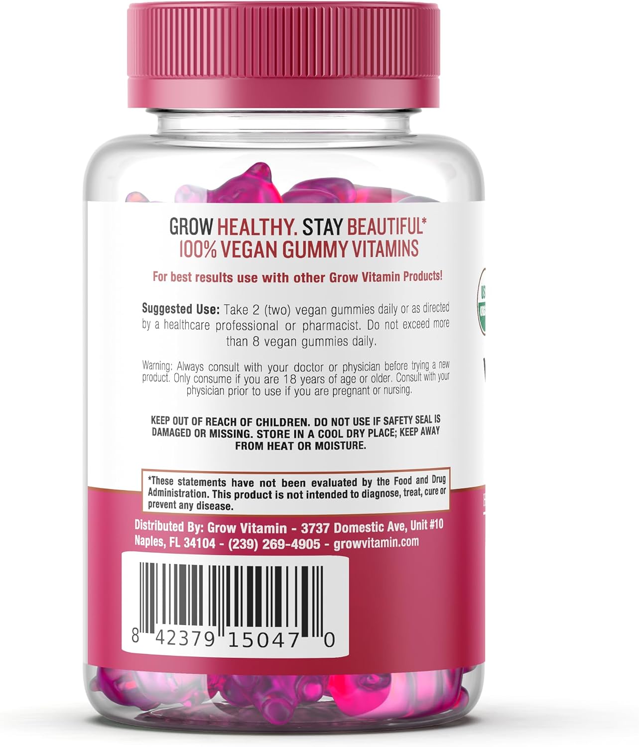 grow vitamin Collagen Booster Gummy Bears – Gominolas Veganas de Biotina para Piel, Cabello y Uñas – Sabor Fresa – 60 Gominolas