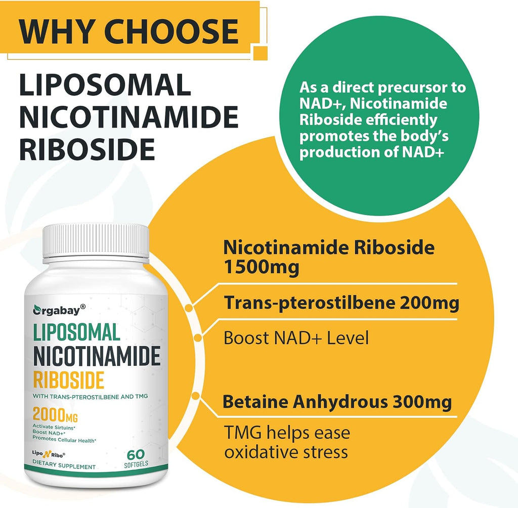 Orgabay Nicotinamida Ribósido Liposomal 2000 mg con TMG y Pterostilbeno, 120 Cápsulas Blandas