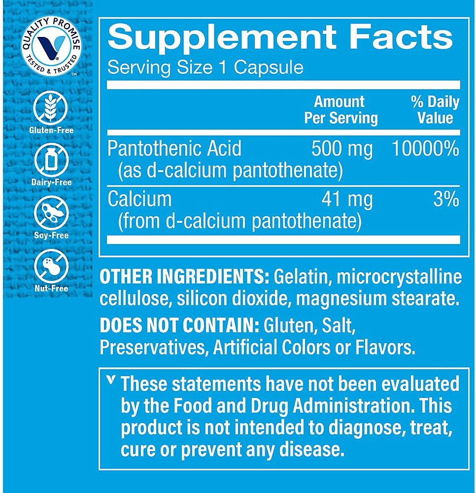 The Vitamin Shoppe Ácido Pantoténico 500mg (Vitamina B5) - 100 Cápsulas