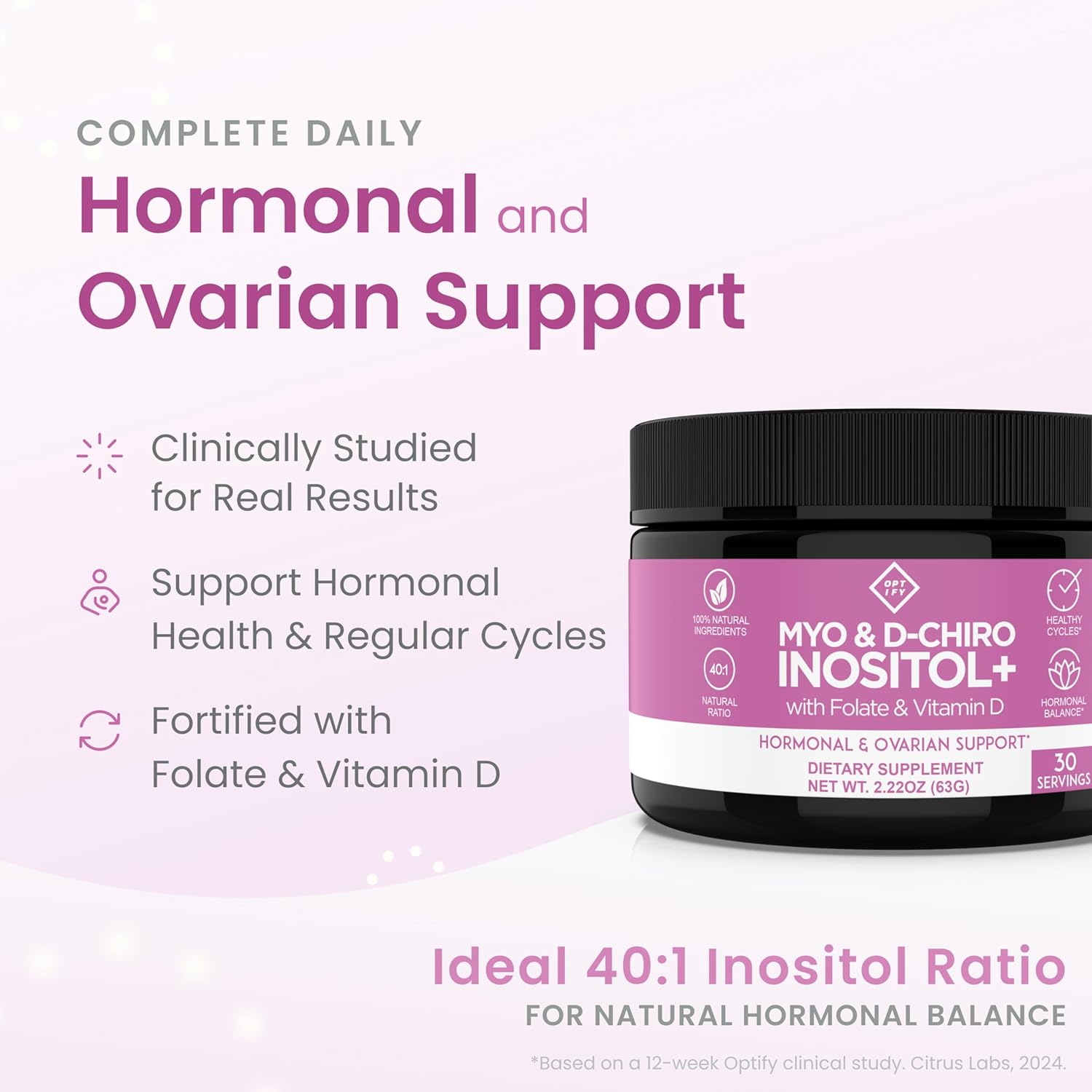 Optify Inositol+ - Myo-Inositol y D-Chiro Inositol 40:1 con Folato y Vitamina D, 63 g