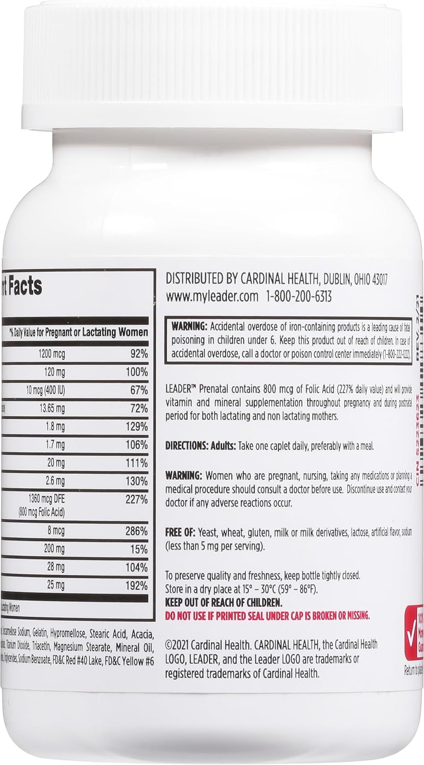 Leader Multivitamínico Prenatal con Ácido Fólico 800 mcg y Hierro, 200 Caplets (2 Envases de 100)