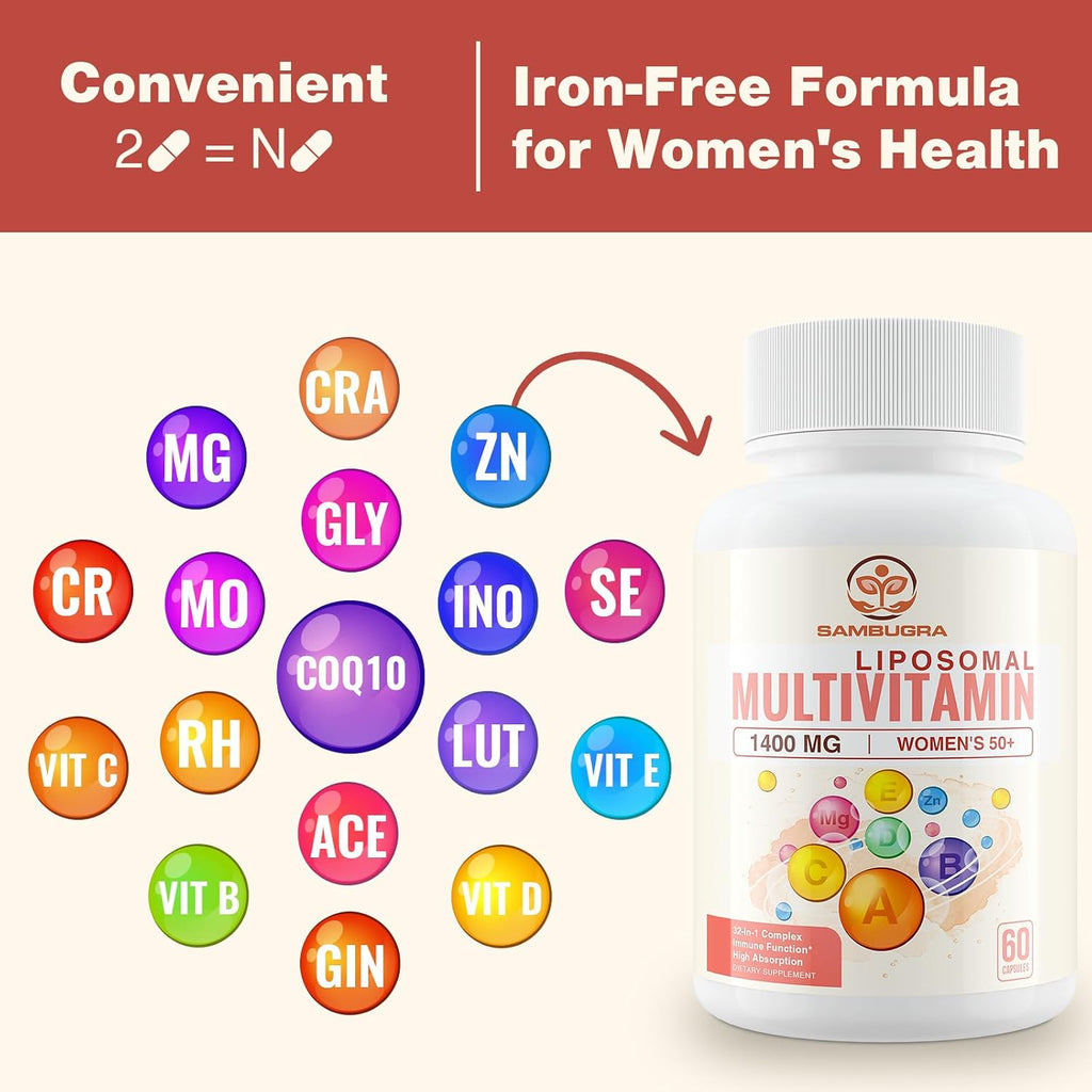 Sambugra Multivitamínico Liposomal para Mujeres 50+ - 32 Ingredientes con CoQ10, Vitaminas C, D, E y Luteína - Sin Hierro (120 Cápsulas)