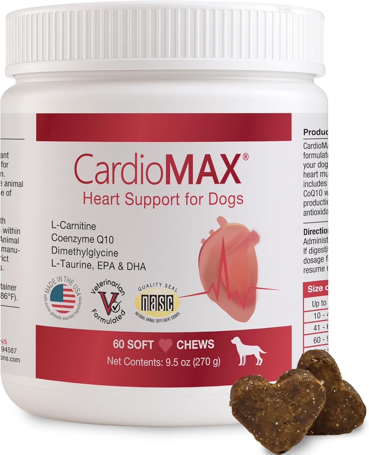 CARDIOMAX Suplemento de Apoyo Cardíaco para Perros - Antioxidantes, L-Taurina, CoQ10 - 60 Masticables Blandos