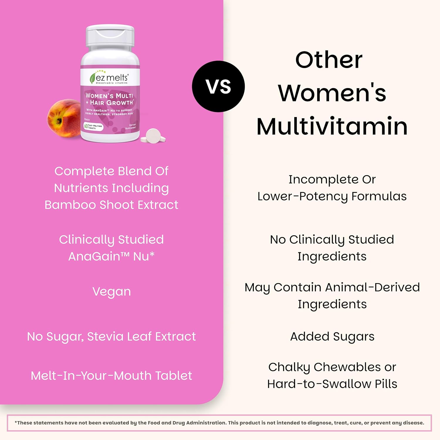 EZ Melts Women's Multi + Hair Growth - Multivitamínico Diario para Mujeres - Apoya la Energía y Reduce la Caída del Cabello - No-GMO y Vegano - Sabor Melocotón - 60 Comprimidos (30 Dosis)