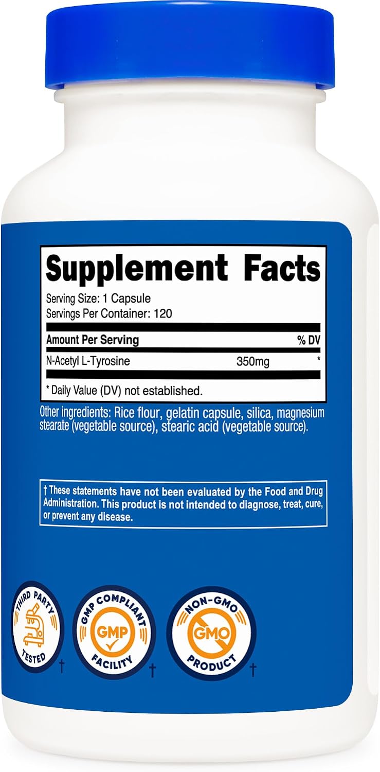 Nutricost N-Acetil L-Tirosina (NALT) 350mg, 120 Cápsulas - Sin Gluten, No GMO