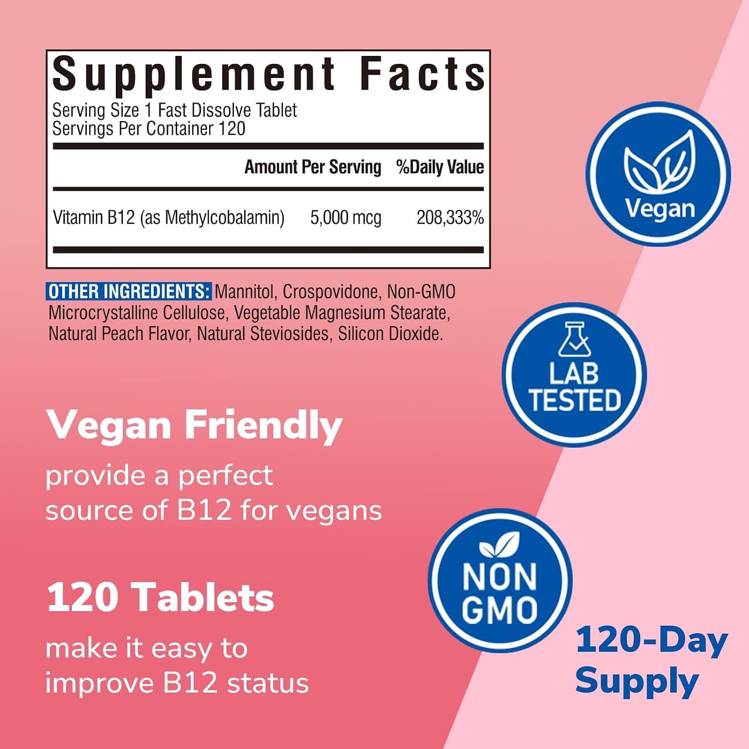 Vitalibre Vitamina B12 Sublingual 5000 mcg Metilcobalamina - 120 Comprimidos de Disolución Rápida Sabor Melocotón