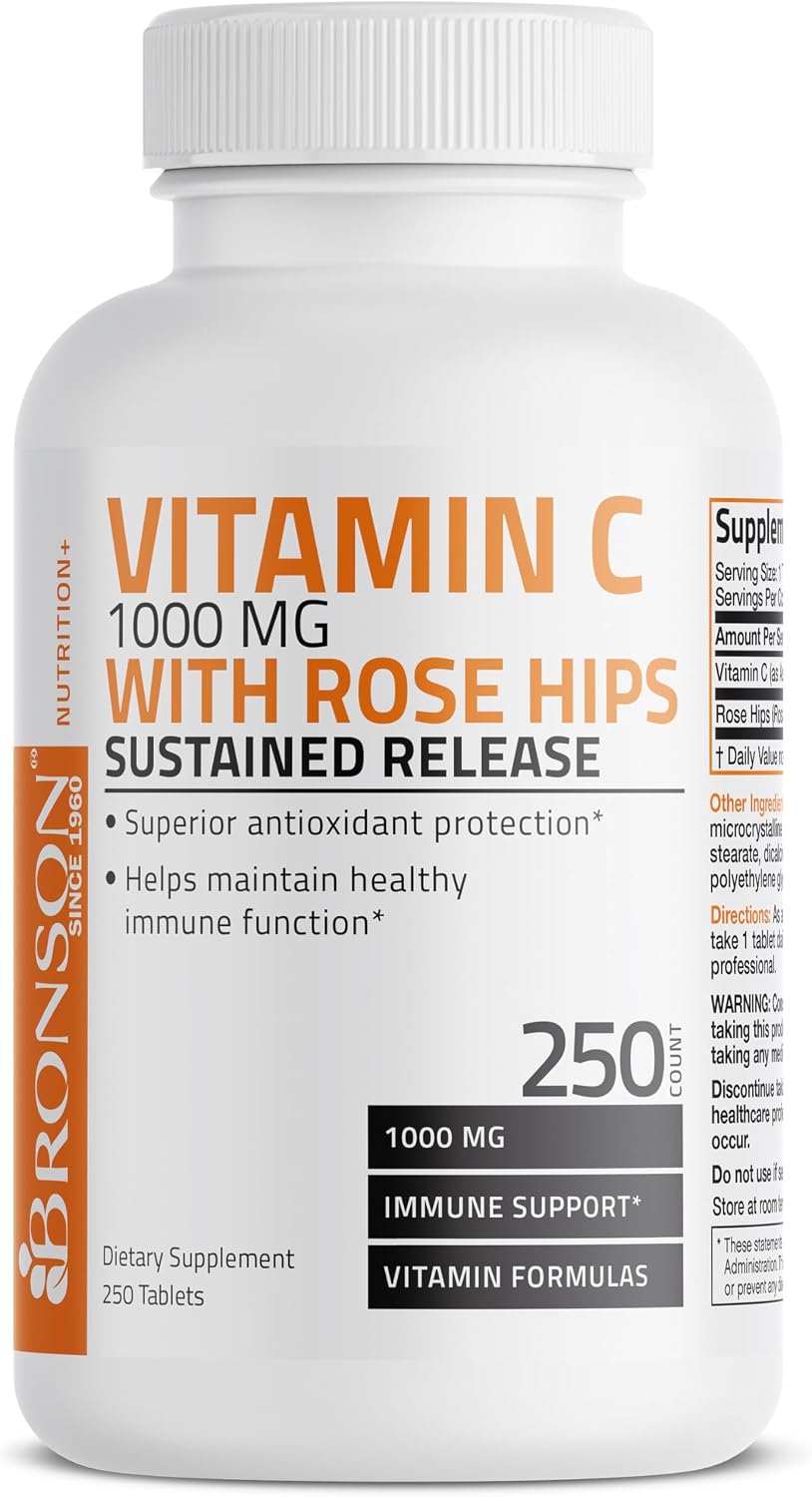 Bronson Vitamina C 1000 mg con Escaramujo - Liberación Sostenida, 250 Comprimidos