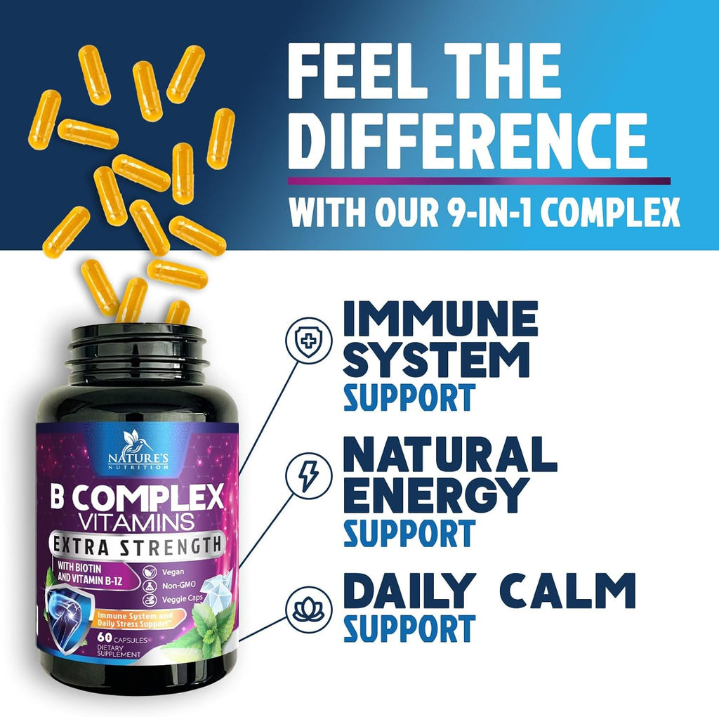 Nature's Nutrition Complejo B-100 Completo - Cápsulas con Vitaminas B12, B6, C, Biotina y Folato - 60 Cápsulas