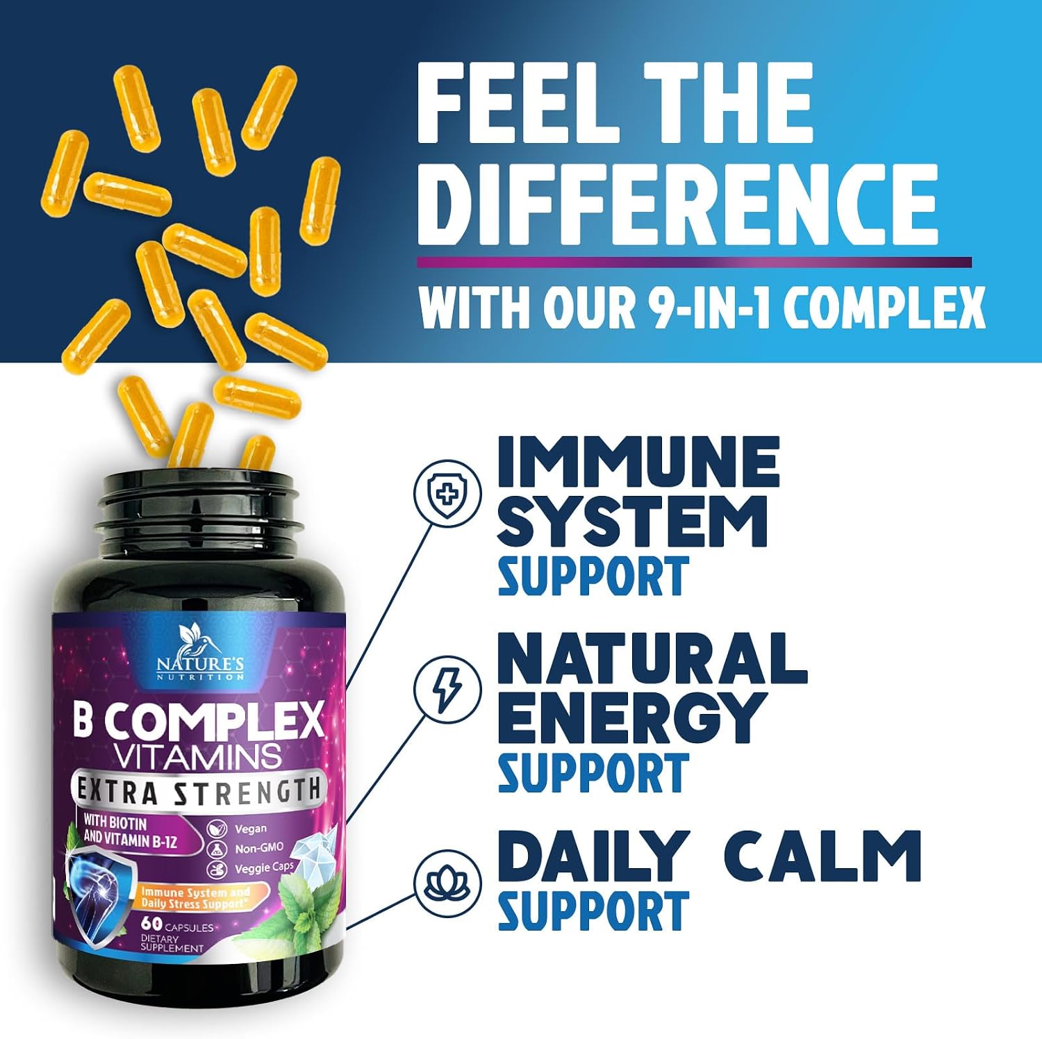 Nature's Nutrition Complejo B-100 Completo - Cápsulas con Vitaminas B12, B6, C, Biotina y Folato - 60 Cápsulas