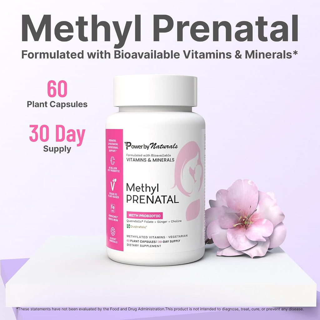 Power By Naturals Methyl Prenatal con Probióticos – Vitaminas prenatales con hierro, metilfolato, B12 y 28 nutrientes y botánicos – Vegano, sin gluten – 60 cápsulas (1 mes)