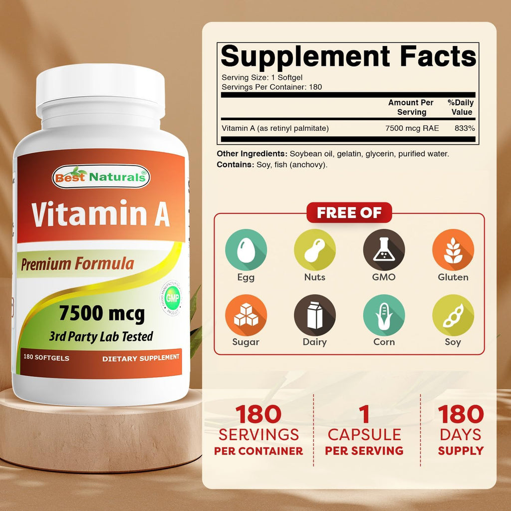 Best Naturals Vitamina A 25000 UI (7500 mcg) – 180 Cápsulas Blandas