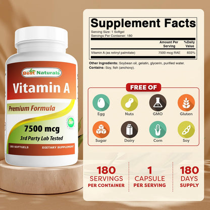 Best Naturals Vitamina A 25000 UI (7500 mcg) – 180 Cápsulas Blandas – Image 2