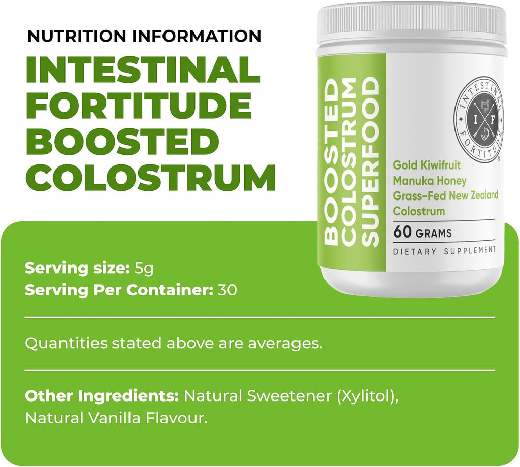 Intestinal Fortitude Boosted Colostrum Superfood: Colostrum Bovino, Kiwi Dorado y Miel de Manuka (150 g)