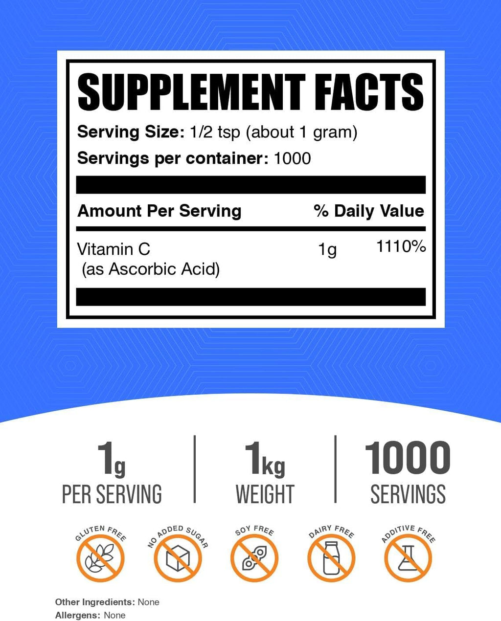 BulkSupplements.com Polvo de Ácido Ascórbico - Suplemento de Vitamina C, Apoyo Inmunológico - Ácido Ascórbico de Grado Alimentario, Sin Gluten, 1 g por Porción, 1 kg (2,2 lb) (Paquete de 1)